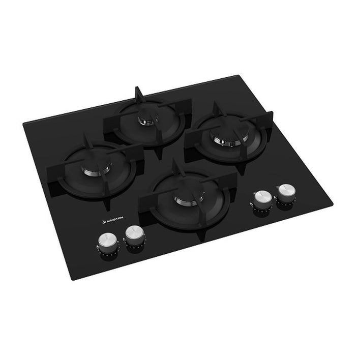 Ariston Built-In Gas Hob | 60x60cm | 4 Burners | Auto Ignition | 9 Flame Levels | Glass Top | Electronic Knob Control | Cast Iron Pan Support | Made in Italy |AGS61SBK