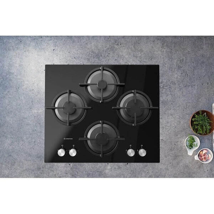 Ariston Built-In Gas Hob | 60x60cm | 4 Burners | Auto Ignition | 9 Flame Levels | Glass Top | Electronic Knob Control | Cast Iron Pan Support | Made in Italy |AGS61SBK
