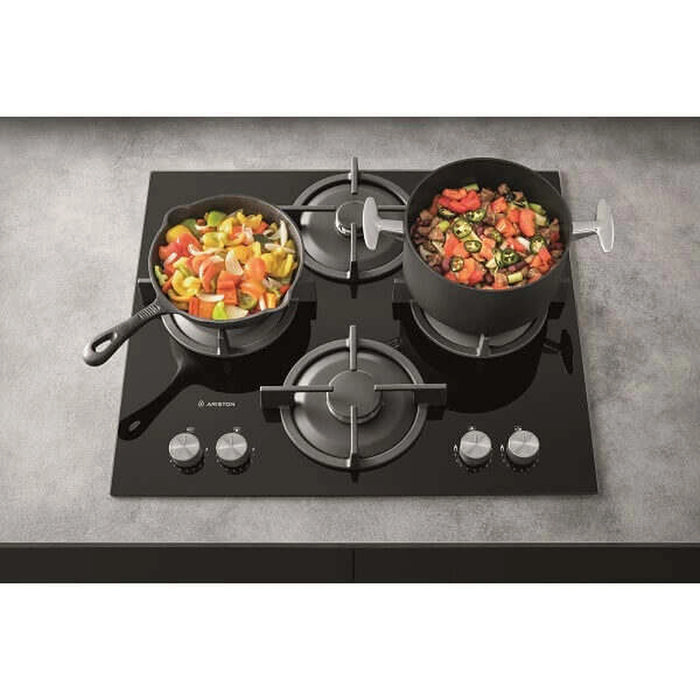 Ariston Built-In Gas Hob | 60x60cm | 4 Burners | Auto Ignition | 9 Flame Levels | Glass Top | Electronic Knob Control | Cast Iron Pan Support | Made in Italy |AGS61SBK