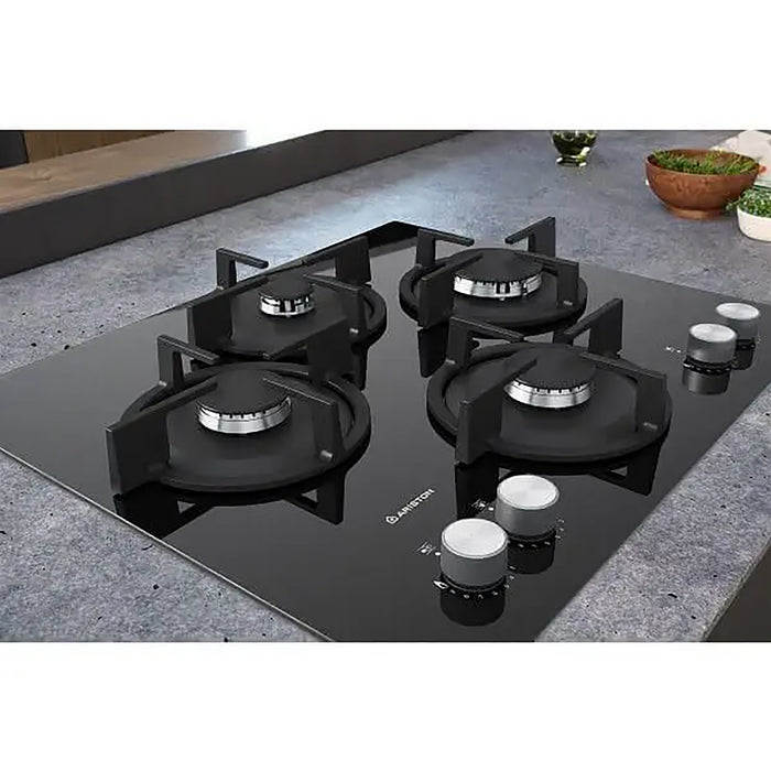 Ariston Built-In Gas Hob | 60x60cm | 4 Burners | Auto Ignition | 9 Flame Levels | Glass Top | Electronic Knob Control | Cast Iron Pan Support | Made in Italy |AGS61SBK