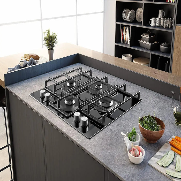 Ariston Built-In Gas Hob | 60x60cm | 4 Burners | Auto Ignition | 9 Flame Levels | Glass Top | Electronic Knob Control | Cast Iron Pan Support | Made in Italy |AGS61SBK