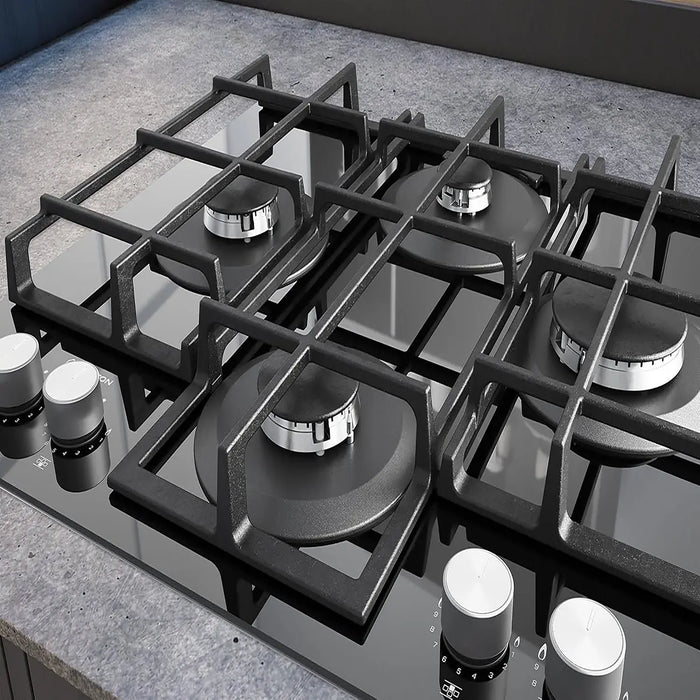 Ariston Built-In Gas Hob | 60x60cm | 4 Burners | Auto Ignition | 9 Flame Levels | Glass Top | Electronic Knob Control | Cast Iron Pan Support | Made in Italy |AGS61SBK