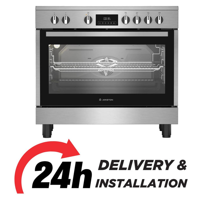 Ariston Electric Cooker | 90x60 cm | Fan-Assisted Oven | Self-Cleaning | LED Display | Glass Top | Stainless Steel Finish | ARR9EV830207XME EROS