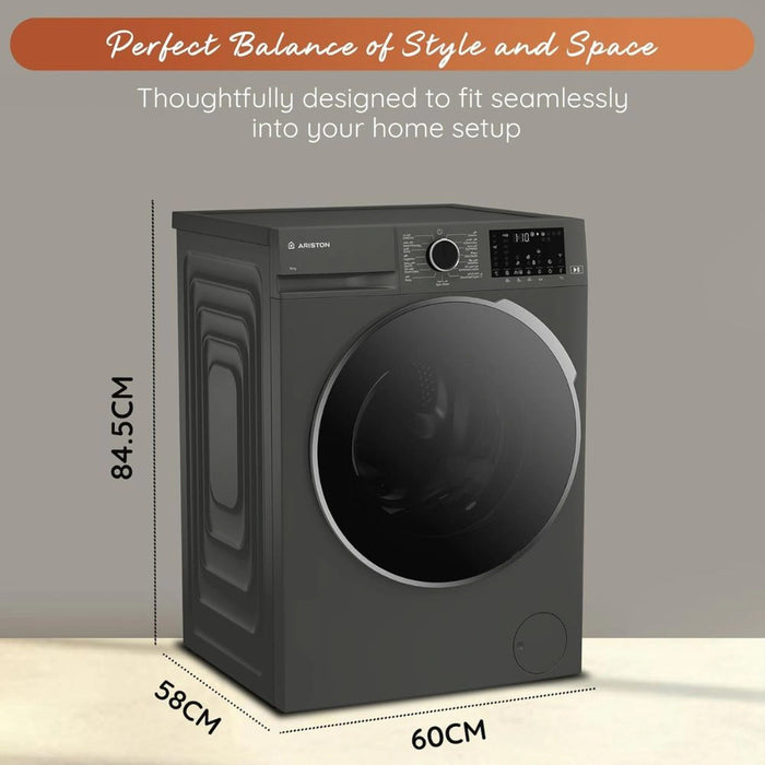 Ariston Front Load Washing Machine |10 Kg 1400 RPM | Pro Smart Inveter Motor | Homewhiz App Compatible | Black | RWF10143DMME EROS