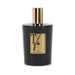 Black perfume bottle with gold cap and label on a white background