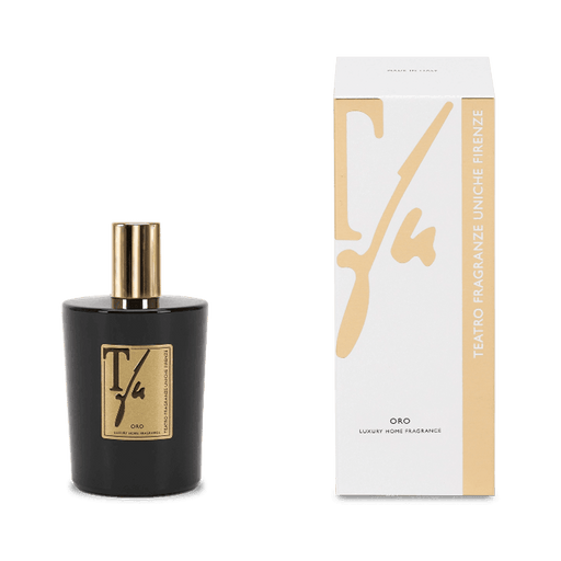 Black perfume bottle with gold cap and label next to its packaging on a green background