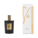 Black perfume bottle with gold cap and label next to its packaging on a green background