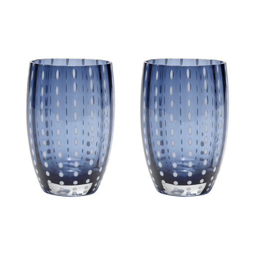 Two blue patterned glass tumblers on a transparent background