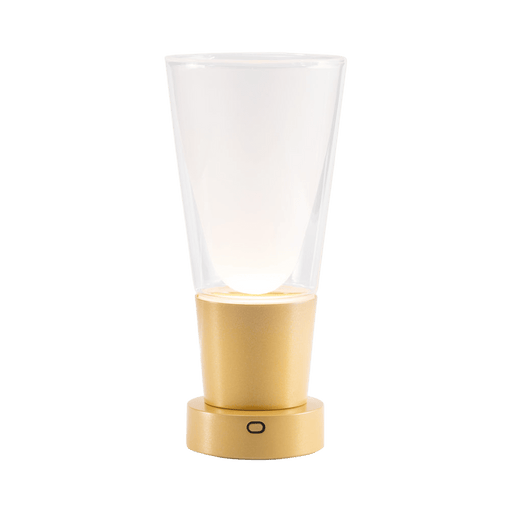 Gold lamp with clear glass shade on a green background