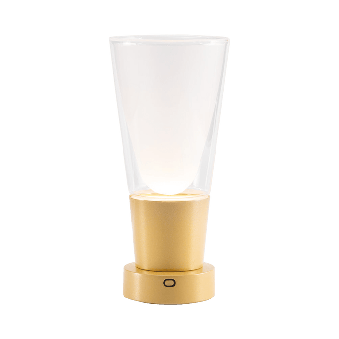 Gold lamp with clear glass shade on a green background