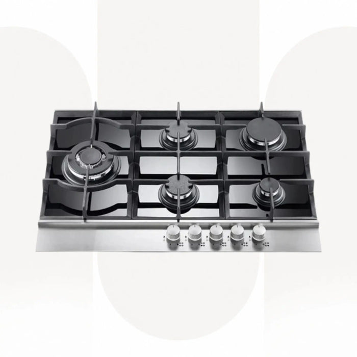 Baumatic BMEH9GGSS | 90cm 5 Burner Built-In Gas Hob | Glass Gas Cooktop with Triple Flame Wok Burner | Made In Italy