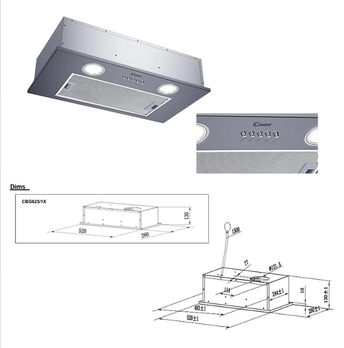 Candy CBG625/1X | Canopy Cooker Hood 52cm | 3 Speed, LED, Metal Grey