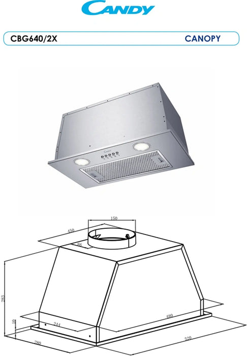 Candy CBG640/2X 60 CM | Built In Wall Mounted Cooker Hood | Stainless Steel, 620 m3/h Extraction