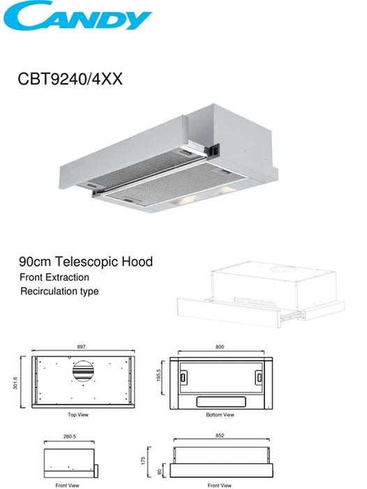 Candy CBT9240/4XX | Telescopic Cooker Hood 90cm | 440m3/h, Stainless Steel