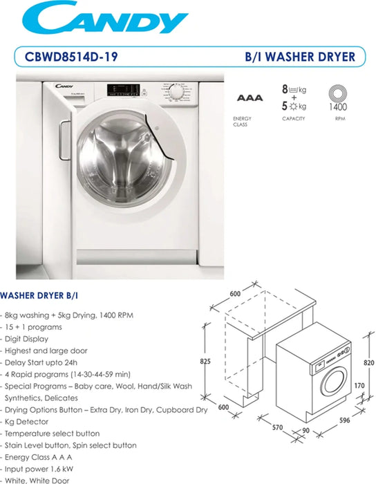 Candy CBWD8514D-19 | Built-In Washer Dryer 8kg/5kg 1400RPM | A Rated