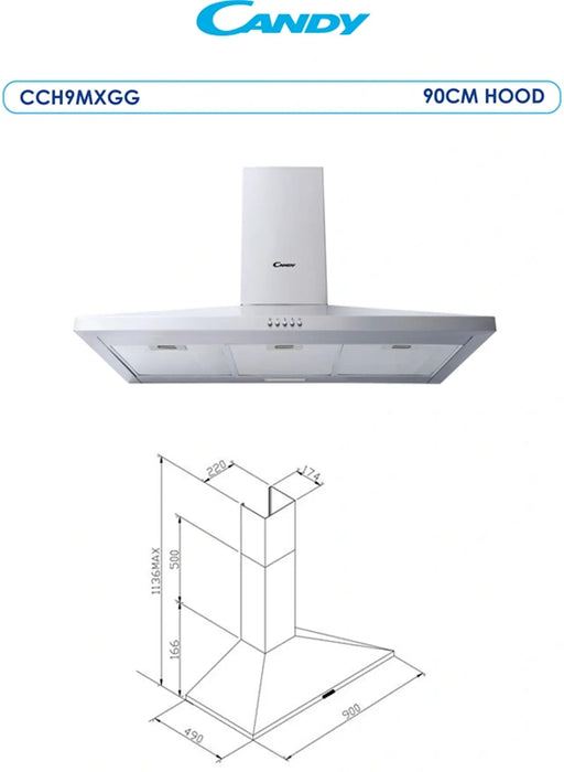 Candy CCH9MXGG | Built-In Cooker Hood 90cm | 3 Speed, LED, A Rated