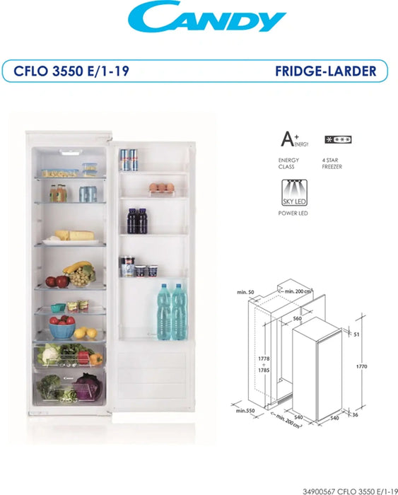 Candy CFLO3550 E/1-19 | Built-In 319L Refrigerator | Top Mount Refrigerator | Energy Efficient Built-In Cooling