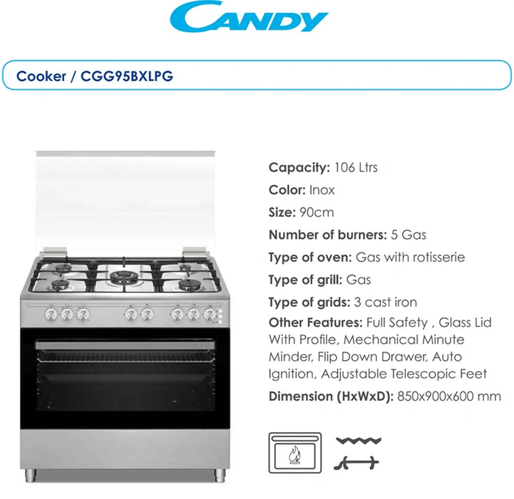 Candy CGG95BXLPG | 90cm Freestanding Gas Cooker | Stainless Steel