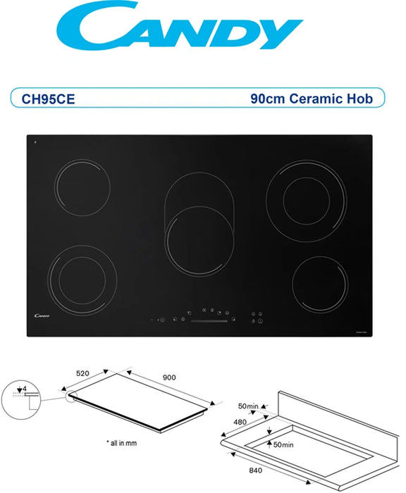 Candy CH95CE | 5 Zone | 90 CM Built-In Vitroceramic Hob | Touch Control, Black | Made in Italy