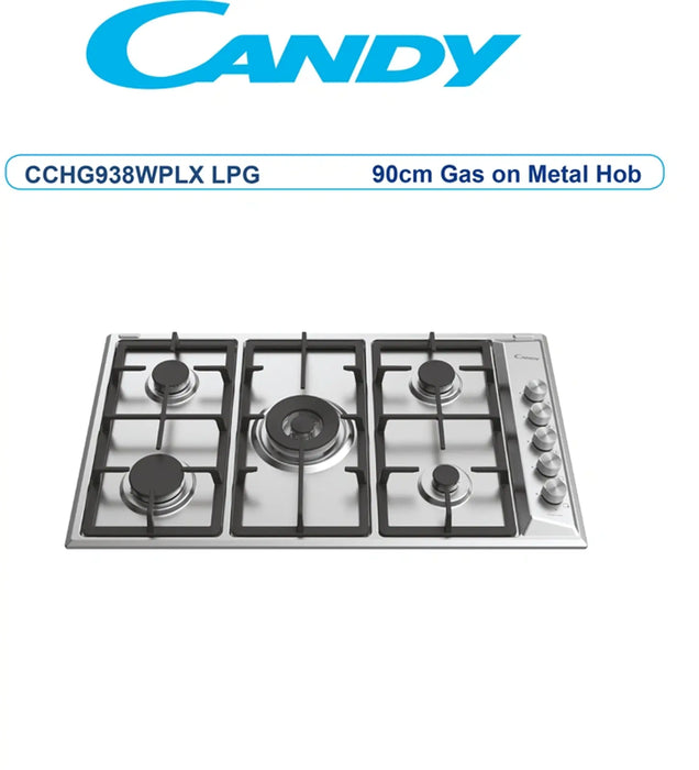 Candy CHG938WPXLPG | 90 CM Steel Built In 5 Burner Gas Hob