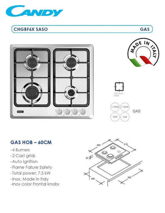 Candy CHGBF6X SASO | Built-In Gas Hob 60cm | 4 Burners, 7.5kW | Made in Italy