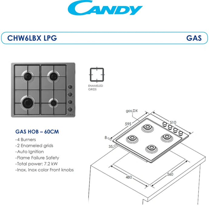 Candy CHW6LBX LPG | 60 CM Built-In Gas Hob | 4 Burners | Stainless Steel, Safety Device | Made In