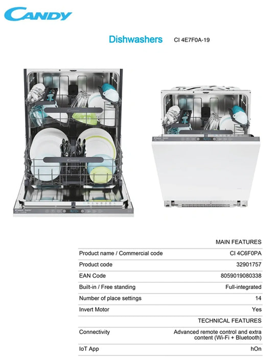 Candy CI 4E7F0A-19 | Built-In Fully Integrated Dishwasher | 14 Place Settings | Wi-Fi