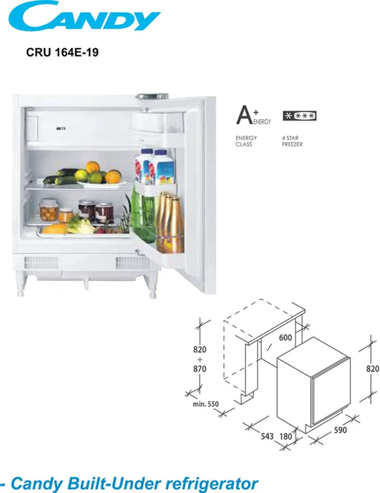 Candy CRU164E-19 | Built-In 117L Under Counter Fridge Freezer | Single Door