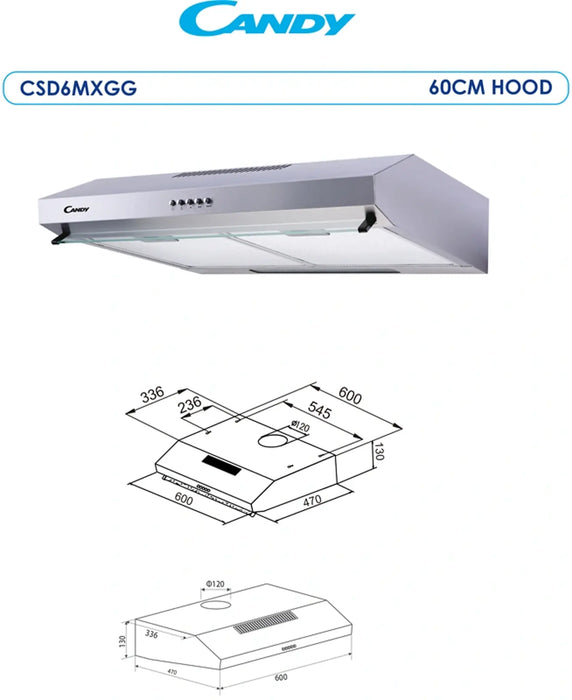 Candy CSD6MXGG | 60 CM Built In Cooker Hood | Stainless Steel | 3 Speed Extraction with LED Lights