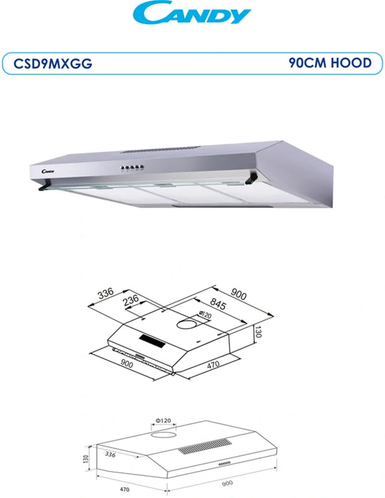 Candy CSD9MXGG | 90 CM Built In Cooker Hood | Stainless Steel, 3 Speed Mechanical Control