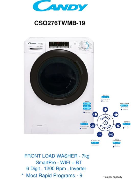 Candy CSO276TWMB-19 | Smart Pro 7KG Front Load Washing Machine | 1200 RPM, Steam Function | Wi-Fi, A+++ Energy | White
