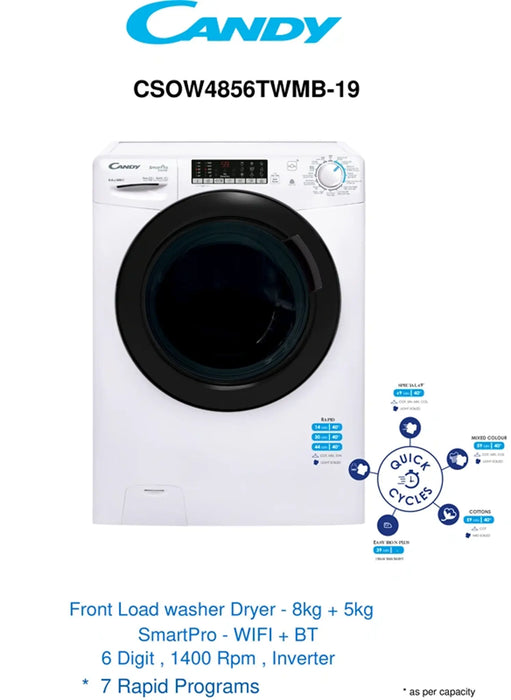 Candy CSOW4856TWMB-19 | Freestanding Washer Dryer | 8kg Wash & 5kg Dry | 1400 RPM | Wi-Fi + Bluetooth | Inverter Motor