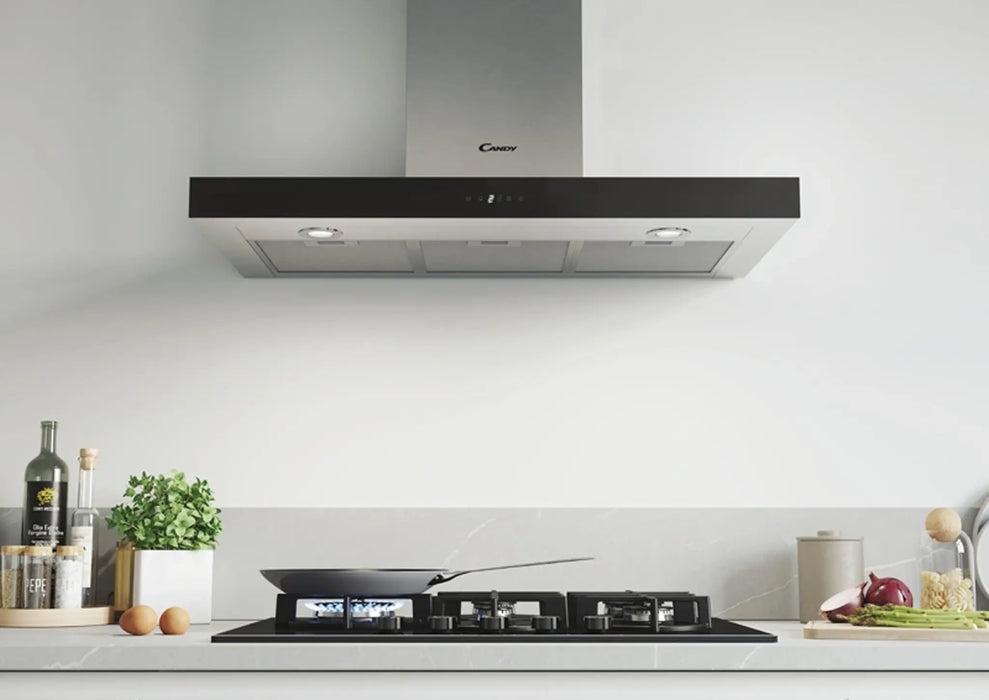Candy CTS9CX | T-Shape Cooker Hood 90cm | 978m3/h, Touch Control | Inox + Black Glass