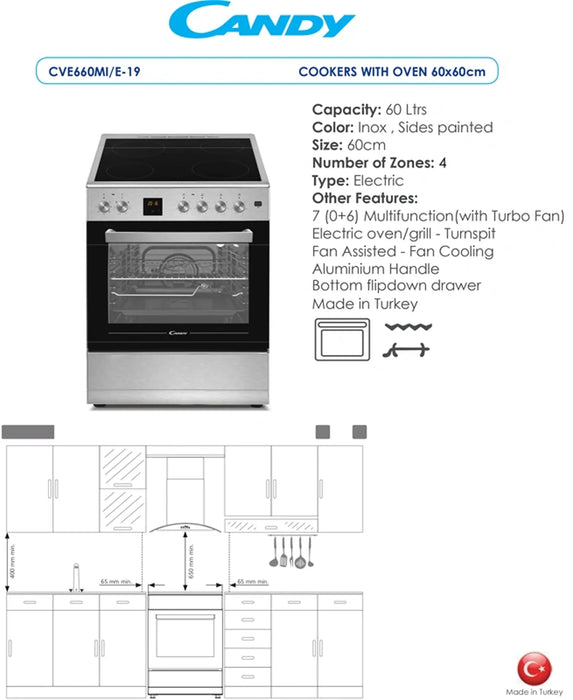 Candy CVE660MI/E-19 | 60cm Electric Cooker | Stainless Steel | Made In Turkey
