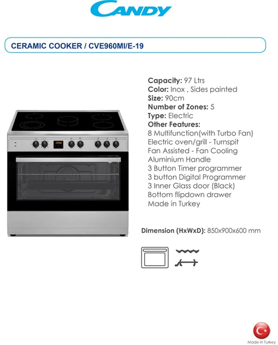 Candy CVE960MI/E-19 | 90cm Electric Cooker | Made In Turkey