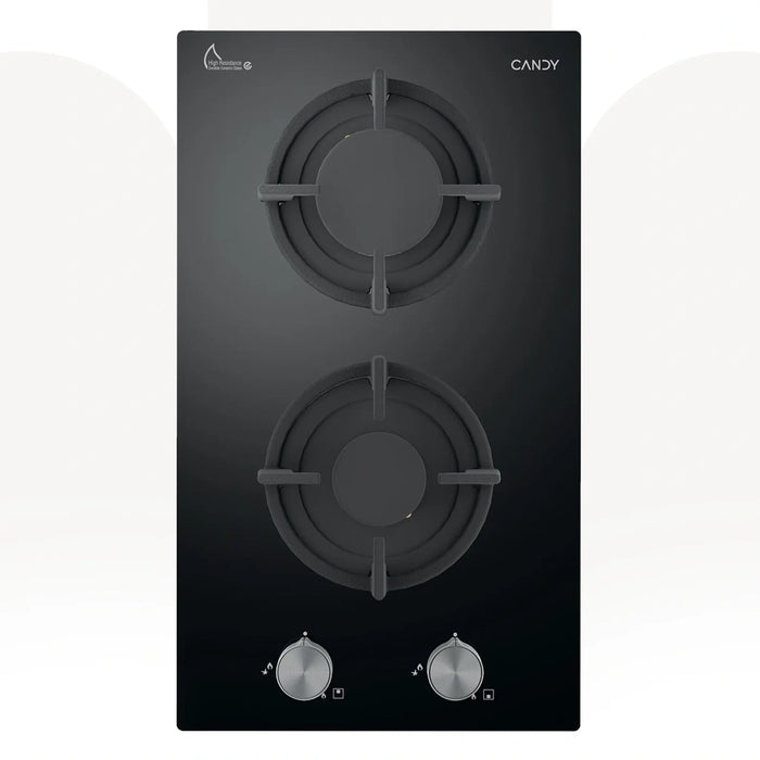Candy CVG3PXLPG | 30 CM Built-In Gas Hob | 2 Burner LPG Glass Cooktop with Cast Iron Grid | Made In Turkey