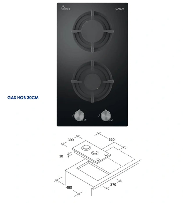 Candy CVG3PXLPG | 30 CM Built-In Gas Hob | 2 Burner LPG Glass Cooktop with Cast Iron Grid | Made In Turkey