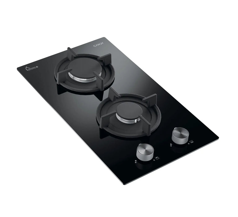 Candy CVG3PXLPG | 30 CM Built-In Gas Hob | 2 Burner LPG Glass Cooktop with Cast Iron Grid | Made In Turkey