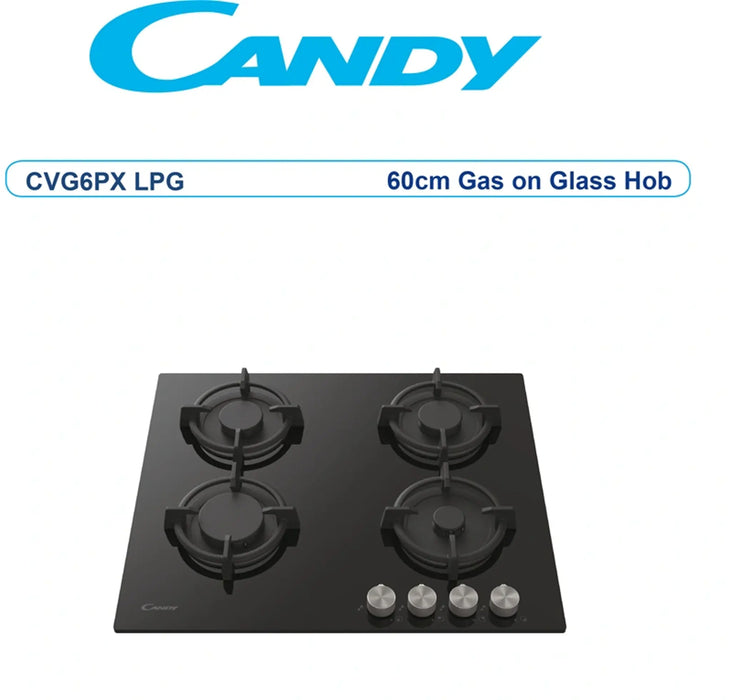 Candy CVG6PXLPG | Built-In Gas on Glass Hob 60cm | 4 Burners, 7kW, Black Tempered Glass