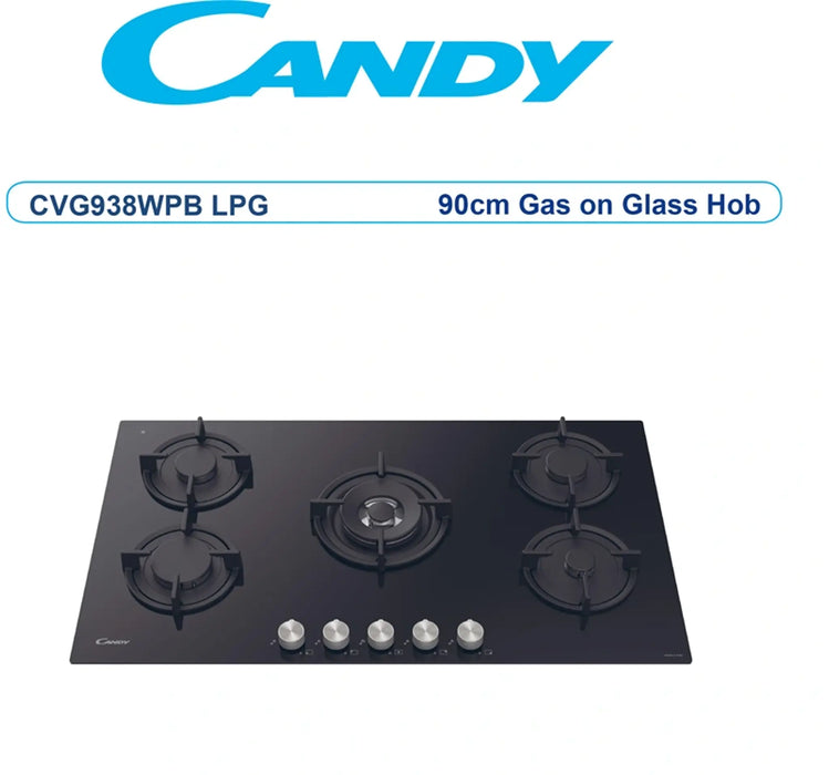 Candy CVG938WPBLPG | 90cm Built-In Gas on Glass Hob | 5 Burners, Central Wok | Made in Italy