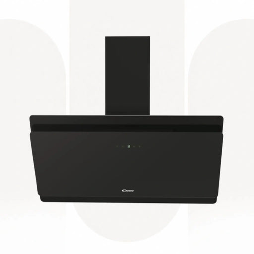 A black modern range hood with a rectangular body and a vertical chimney tube, shown against a white background with faint gray arch shapes.
