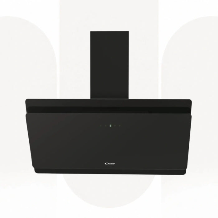 A black modern range hood with a rectangular body and a vertical chimney tube, shown against a white background with faint gray arch shapes.