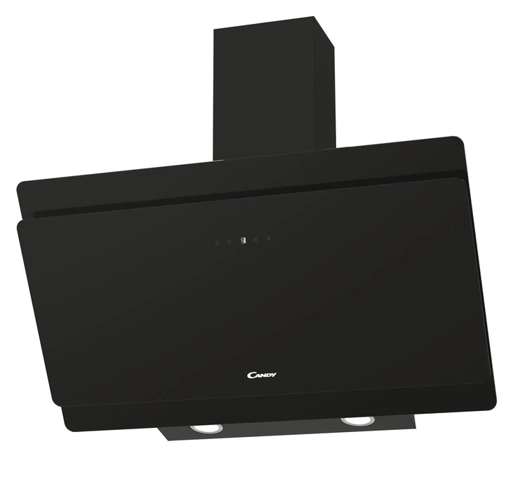 A modern black Candy range hood with a sleek, angled front panel, a vertical chimney, and integrated under-cabinet lighting, shown against a plain white background.