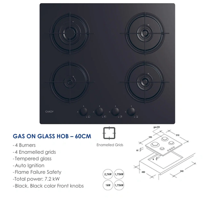 Candy CVW6BB | 60 CM Gas on Glass Hob | 4 Burner | Made In Turkey