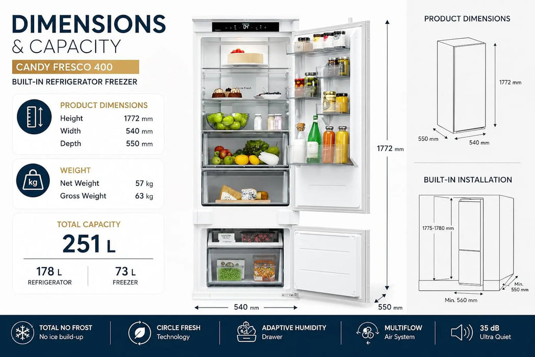 Candy ECNBQT3518E | 251L | Built-in Combi Integrated No Frost Refrigerator | White | Circle Fresh Technology