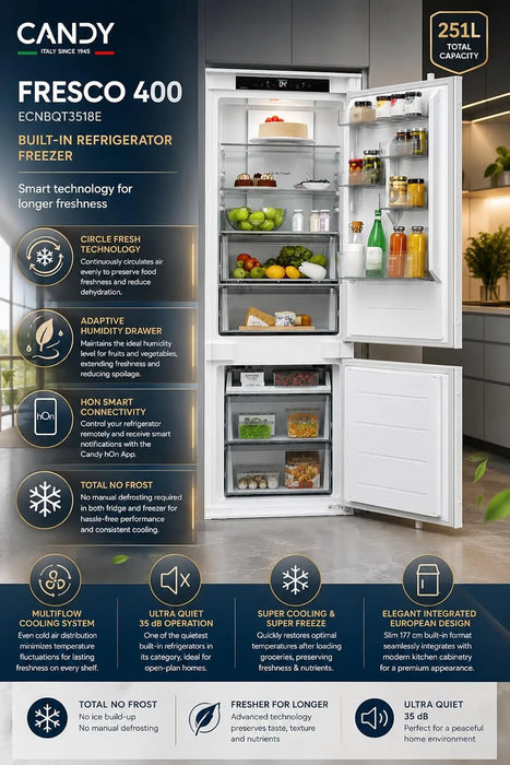 Candy ECNBQT3518E | 251L | Built-in Combi Integrated No Frost Refrigerator | White | Circle Fresh Technology