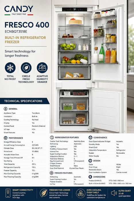Candy ECNBQT3518E | 251L | Built-in Combi Integrated No Frost Refrigerator | White | Circle Fresh Technology