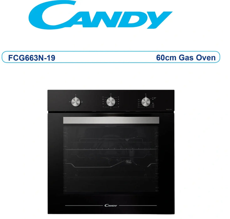 Candy FCG663N-19 | 60CM Built-In Gas Oven 71L | 4 Functions, Turnspit, Black Glass Panel | UAE