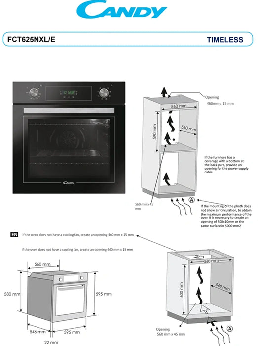 Candy FCT625NXL/E | 60 CM Built-In Electric Oven 70L | Black Glass | 8 Functions