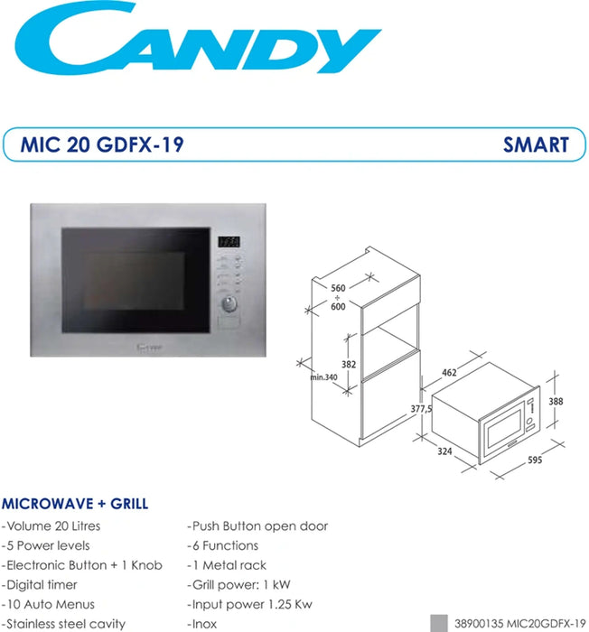 Candy MIC20GDFX-19 | Built-In Microwave with Grill 20L | 6 Functions, ESMA Rated